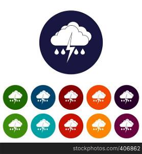 Cloud with lightning and rain set icons in different colors isolated on white background. Cloud with lightning and rain set icons