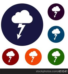 Cloud with lightning icons set in flat circle reb, blue and green color for web. Cloud with lightning icons set