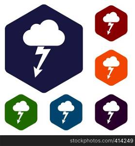 Cloud with lightning icons set rhombus in different colors isolated on white background. Cloud with lightning icons set