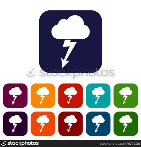 Cloud with lightning icons set vector illustration in flat style In colors red, blue, green and other. Cloud with lightning icons set