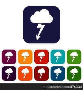 Cloud with lightning icons set vector illustration in flat style In colors red, blue, green and other. Cloud with lightning icons set