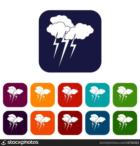 Cloud with lightnings icons set vector illustration in flat style In colors red, blue, green and other. Cloud with lightnings icons set