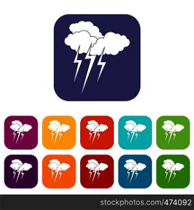Cloud with lightnings icons set vector illustration in flat style In colors red, blue, green and other. Cloud with lightnings icons set