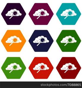 Cloud with magnifying glass icon set many color hexahedron isolated on white vector illustration. Cloud with magnifying glass icon set color hexahedron