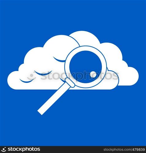 Cloud with magnifying glass icon white isolated on blue background vector illustration. Cloud with magnifying glass icon white