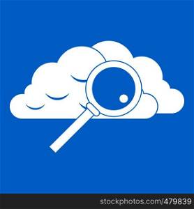Cloud with magnifying glass icon white isolated on blue background vector illustration. Cloud with magnifying glass icon white