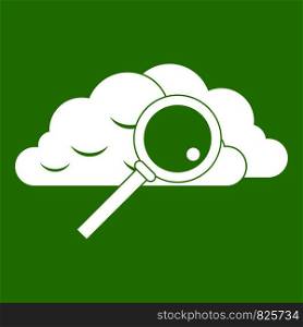 Cloud with magnifying glass icon white isolated on green background. Vector illustration. Cloud with magnifying glass icon green