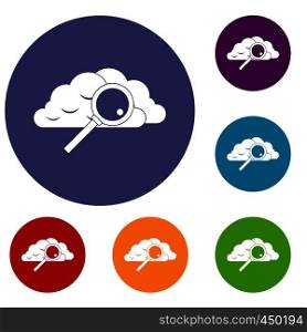 Cloud with magnifying glass icons set in flat circle reb, blue and green color for web. Cloud with magnifying glass icons set