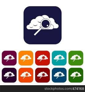 Cloud with magnifying glass icons set vector illustration in flat style In colors red, blue, green and other. Cloud with magnifying glass icons set