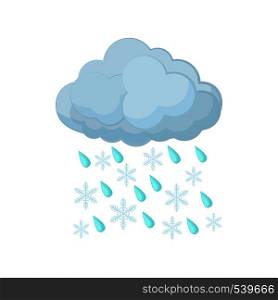 Cloud with rain drops and snowflakes icon in cartoon style on a white background. Cloud with rain drops and snowflakes icon