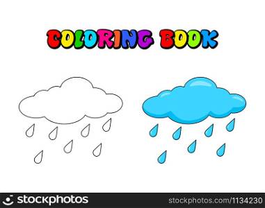 Cloud with rain drops Coloring book for children. Vector water drops outline illustration. Weather forecast coloring page for preschool kids