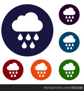Cloud with rain drops icons set in flat circle reb, blue and green color for web. Cloud with rain drops icons set