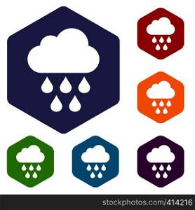 Cloud with rain drops icons set rhombus in different colors isolated on white background. Cloud with rain drops icons set