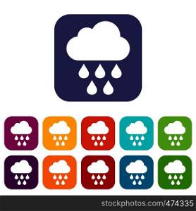 Cloud with rain drops icons set vector illustration in flat style In colors red, blue, green and other. Cloud with rain drops icons set