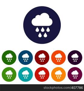 Cloud with rain drops set icons in different colors isolated on white background. Cloud with rain drops set icons
