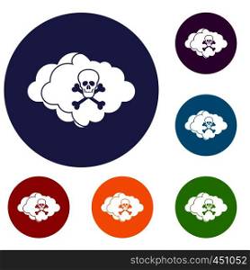 Cloud with skull and bones icons set in flat circle reb, blue and green color for web. Cloud with skull and bones icons set