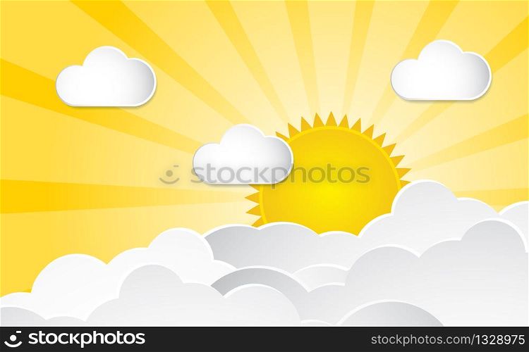 cloud with sun in paper style vector illustration