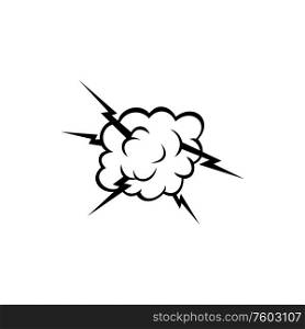 Cloud with thunder isolated comic burst sign. Vector boom or puff symbol, lightnings. Lightning in cloud, thunders in bursting sky