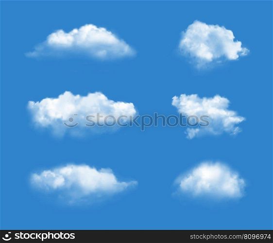 Clouded blue sky. Perfect realistic summer white clouds isolated on azure background, beautiful natural cumulus. Vector sky background air, environment blue and cloud illustration. Clouded blue sky. Perfect realistic summer white clouds isolated on azure background, beautiful natural cumulus