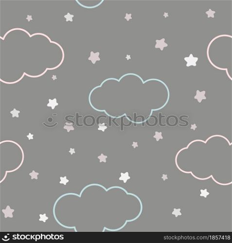 Clouds and stars on dark night sky seamless pattern. Background with cute simple sky illustrations. Template for fabric, wallpaper, packaging.. Clouds and stars on dark night sky seamless pattern.