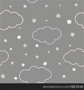Clouds and stars on dark night sky seamless pattern. Background with cute simple sky illustrations. Template for fabric, wallpaper, packaging.. Clouds and stars on dark night sky seamless pattern.