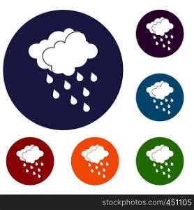 Clouds and water drops icons set in flat circle reb, blue and green color for web. Clouds and water drops icons set