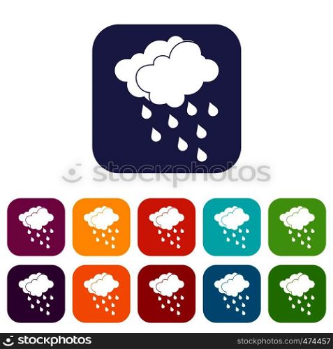 Clouds and water drops icons set vector illustration in flat style In colors red, blue, green and other. Clouds and water drops icons set