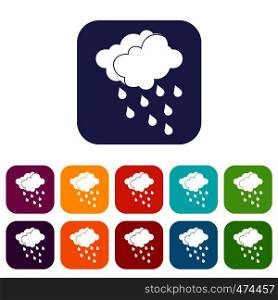 Clouds and water drops icons set vector illustration in flat style In colors red, blue, green and other. Clouds and water drops icons set