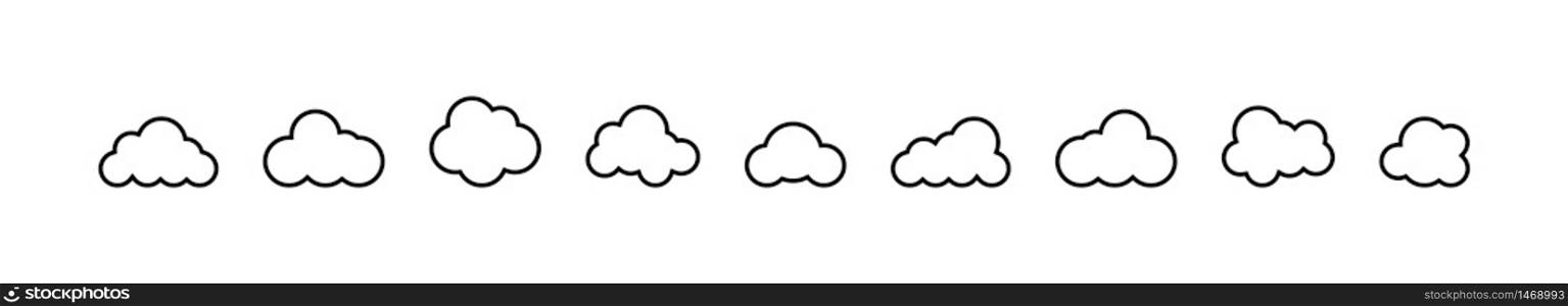 Clouds collection different shapes. Clouds in flat line design. Cloud icon. Backup icon. Storage symbol. Vector illustration
