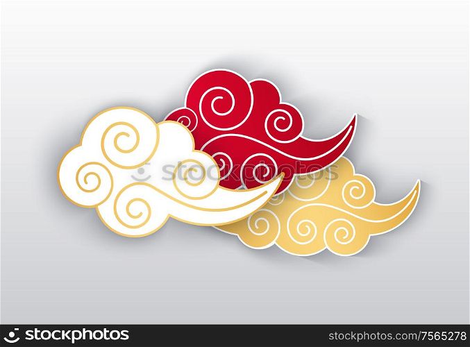 Clouds colored Chinese style line art isolated icon with shade vector. Decorative curly paper air element, blowing wind moving sky, oriental traditional decor. Clouds Colored Chinese Style Line Art Isolated