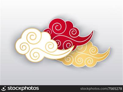 Clouds colored Chinese style line art isolated icon with shade vector. Decorative curly paper air element, blowing wind moving sky, oriental traditional decor. Clouds Colored Chinese Style Line Art Isolated