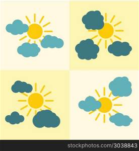 Clouds flat icons on yellow background with sun. Clouds flat icons on yellow background with sun. Weather icon with yellow sun. Vector illustration