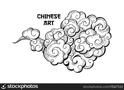 Clouds hand drawn vector illustration. Overcloud ink pen sketch. Smoke black and white abstract clipart. Chinese art drawing with lettering. Wind blowing. Isolated postcard monochrome design element. Chinese clouds and wind blows isolated illustration