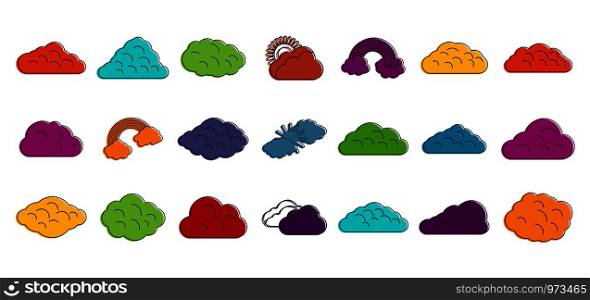 Clouds icon set. Color outline set of clouds vector icons for web design isolated on white background. Clouds icon set, color outline style