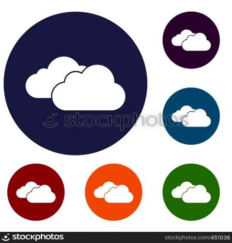 Clouds icons set in flat circle reb, blue and green color for web. Clouds icons set