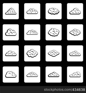 Clouds icons set in white squares on black background simple style vector illustration. Clouds icons set squares vector