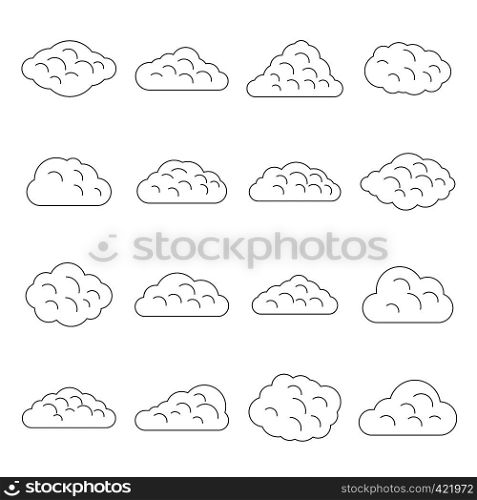 Clouds icons set. Outline illustration of 16 clouds vector icons for web. Clouds icons set, outline style