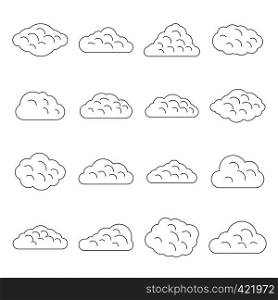 Clouds icons set. Outline illustration of 16 clouds vector icons for web. Clouds icons set, outline style