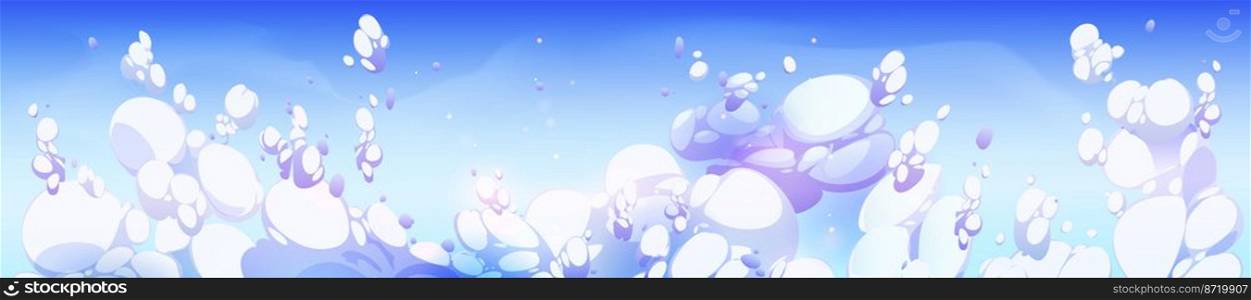 Clouds in blue sky, beautiful heaven background. Nature peaceful landscape with white and lilac fluffy cumulonimbus cloudscape. Day or morning vivid view from airplane, Cartoon vector illustration. Clouds in blue sky, beautiful heaven background