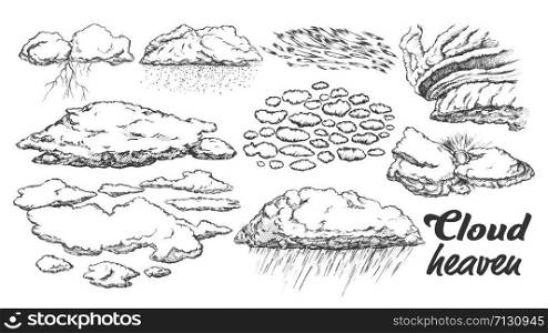 Clouds In Different Weather Set Monochrome Vector. Collection Of Rainy, Stormy And With Lightning, Sunny And Snowy Engraving Concept Template Designed In Vintage Style Black And White Illustrations. Clouds In Different Weather Set Monochrome Vector