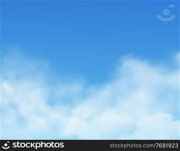 Clouds in sky, realistic cloudy air, vector heaven background. White light clouds in sky, sunny day and fresh air weather, fluffy clouds, nature spring and clean environment. Sky and clouds, blue realistic cloudy background
