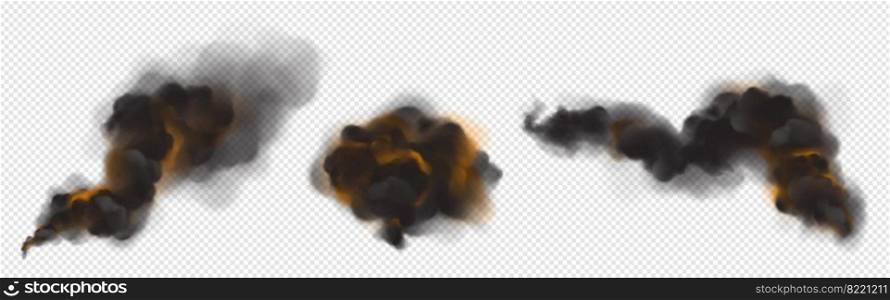 Clouds of black smoke with orange backlight from fire. Vector realistic set of dark fog streams, hot smog from burning flame, fiery smoke isolated on transparent background. Clouds of black smoke with backlight from fire