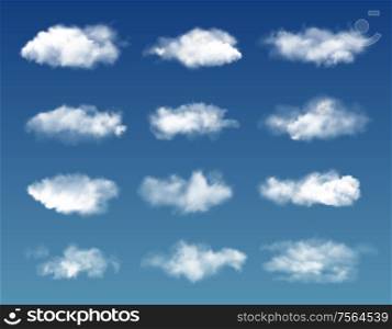 Clouds on blue sky background. Vector realistic white fluffy and transparent realistic clouds. Cloudscape, cloudy heaven, nature and weather, climate and atmosphere. White fluffy clouds, transparent fog on blue sky