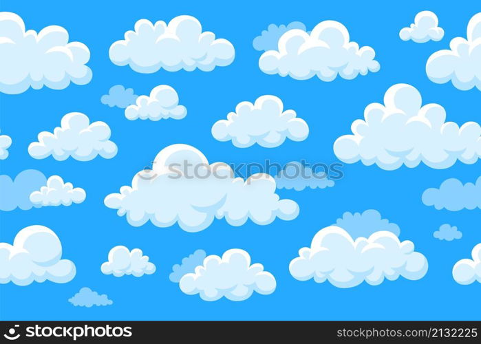 Clouds on sky seamless pattern. Cloud flying in heaven, kids print or wallpaper. Cloudy texture, spring summer weather garish vector background. Illustration of sky seamless background. Clouds on sky seamless pattern. Cloud flying in heaven, kids print or wallpaper. Cloudy texture, spring summer weather garish vector background