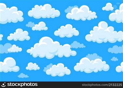 Clouds on sky seamless pattern. Cloud flying in heaven, kids print or wallpaper. Cloudy texture, spring summer weather garish vector background. Illustration of sky seamless background. Clouds on sky seamless pattern. Cloud flying in heaven, kids print or wallpaper. Cloudy texture, spring summer weather garish vector background