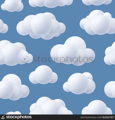 Clouds pattern. Fluffy realistic plastic outdoor clouds stylized forms decent vector seamless background for textile design projects. Illustration of cloud pattern fluffy, weather environment. Clouds pattern. Fluffy realistic plastic outdoor clouds stylized forms decent vector seamless background for textile design projects