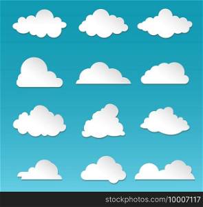 Clouds. Rainy sky. Cartoon fluffy white shapes on blue background. Cutted paper appliques. Decorative mockups for heaven or skyline. Web cloudy storage and computing signs set. Vector weather template. Clouds. Rainy sky. Cartoon fluffy white shapes on blue background. Paper appliques. Decorative mockups for heaven or skyline. Cloudy storage and computing signs set. Vector weather template
