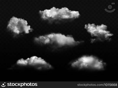 Clouds realistic. Blue cloudy sky weather elements vector picture set. Cloudy air environment, cloudscape atmosphere smoky illustration. Clouds realistic. Blue cloudy sky weather elements vector picture set