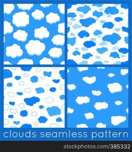 Clouds seamless pattern set, four backgrounds in blue and white colors. Clouds seamless pattern set