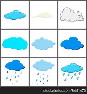 clouds set. clear and with rain.  Cloud icon, cloud shape. Set of different clouds. Collection of cartoon cloud Vector design isolated on white